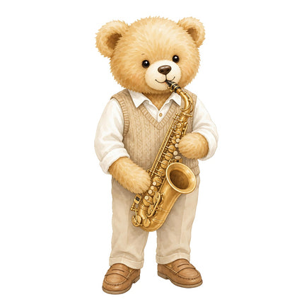 saxophone playing teddy bear fabric panel