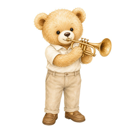 trumpet playing teddy bear fabric panel