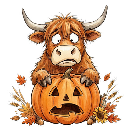 Autumn Highland Cow & Pumpkin 100% Cotton Fabric Panel Block AAB3147