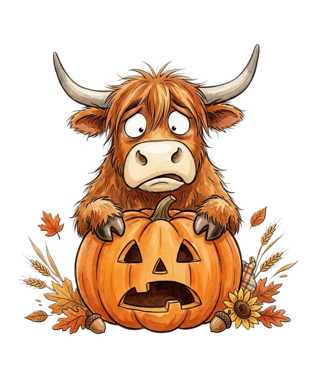 Autumn Highland Cow & Pumpkin 100% Cotton Fabric Panel Block AAB3147