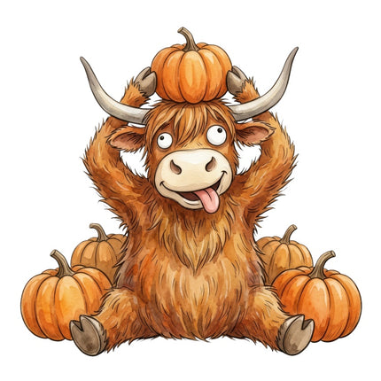 Autumn Humor Highland Cow & Pumpkins 100% Cotton Fabric Panel Block AAB3148