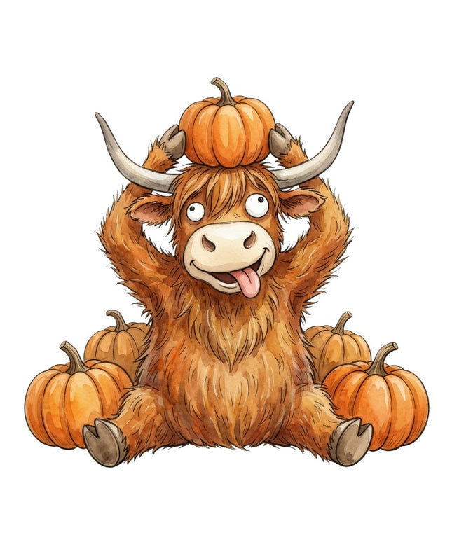 Autumn Humor Highland Cow & Pumpkins 100% Cotton Fabric Panel Block AAB3148