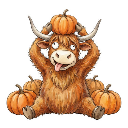 Autumn Humor Highland Cow & Pumpkins 100% Cotton Fabric Panel Block FLIP-AAB3148