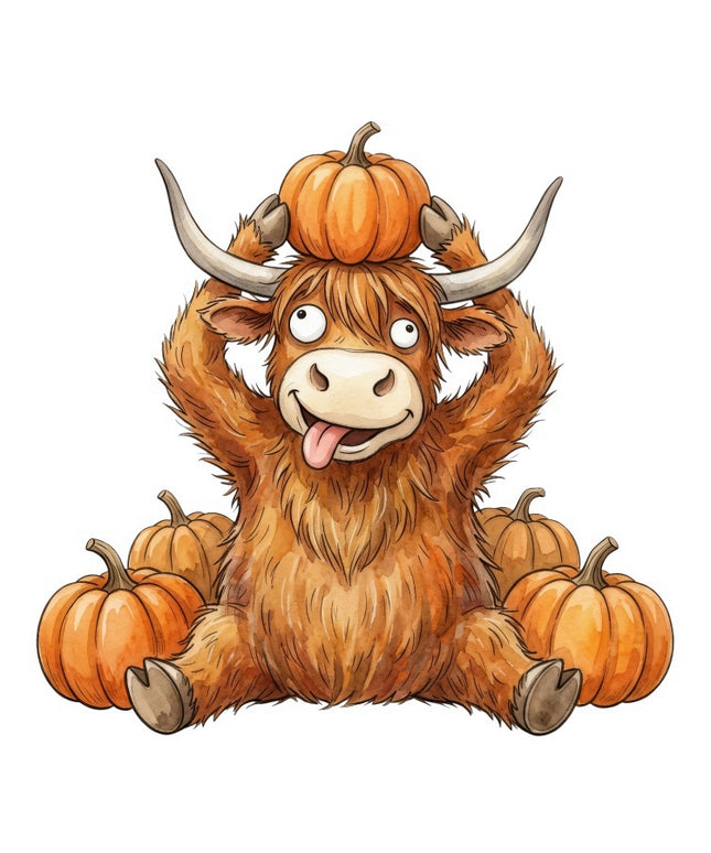 Autumn Humor Highland Cow & Pumpkins 100% Cotton Fabric Panel Block FLIP-AAB3148