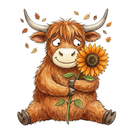 Autumn Highland Cow & Sunflower 100% Cotton Fabric Panel Block AAB3155