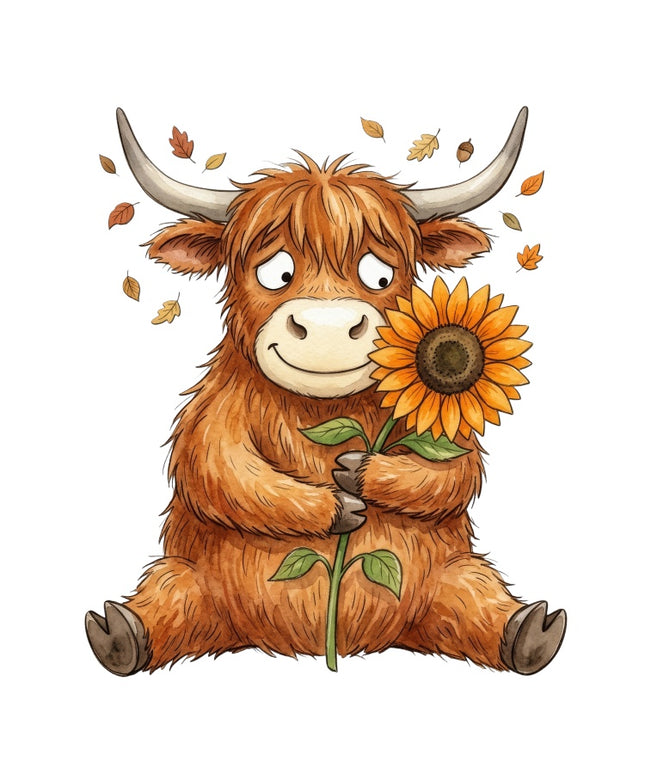 Autumn Highland Cow & Sunflower 100% Cotton Fabric Panel Block AAB3155