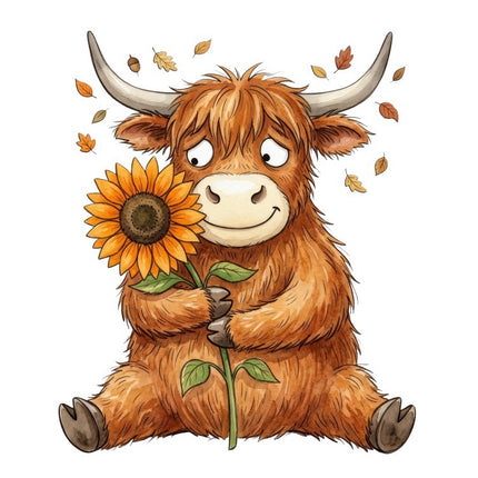 Autumn Highland Cow & Sunflower 100% Cotton Fabric Panel Block FLIP-AAB3155