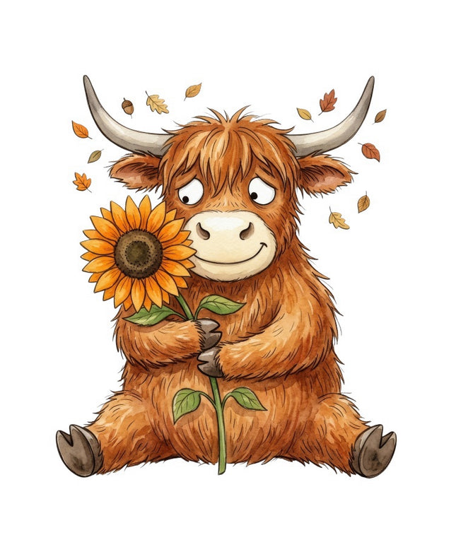 Autumn Highland Cow & Sunflower 100% Cotton Fabric Panel Block FLIP-AAB3155