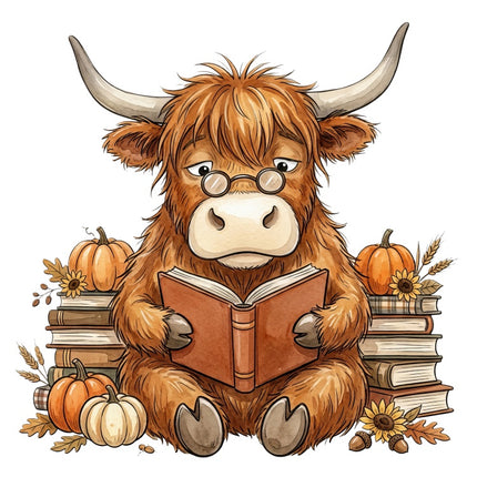 Reading Autumn Highland Cow 100% Cotton Fabric Panel Block AAB3157