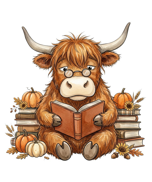 Reading Autumn Highland Cow 100% Cotton Fabric Panel Block AAB3157