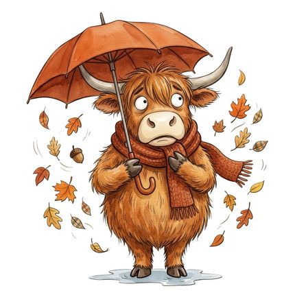 Autumn Highland Cow With Umbrella 100% Cotton Fabric Panel Block AAB3158