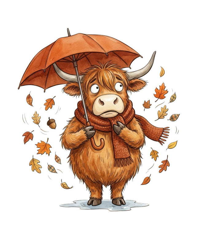 Autumn Highland Cow With Umbrella 100% Cotton Fabric Panel Block AAB3158