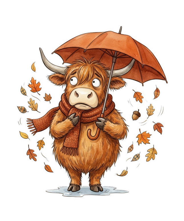 Autumn Highland Cow With Umbrella 100% Cotton Fabric Panel Block FLIP-AAB3158
