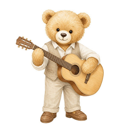 Acoustic Guitar Teddy Bear 100% Cotton Fabric Panel Block FLIP-AAB315