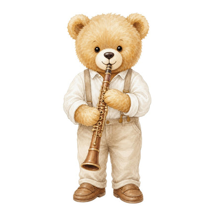 clarinet playing teddy bear fabric panel