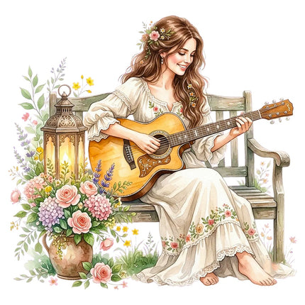 Woman Playing Guitar 100% Cotton Fabric Panel Block Quilt Square AAB3168