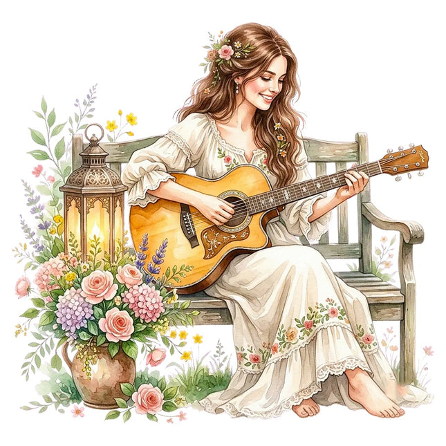 Woman Playing Guitar 100% Cotton Fabric Panel Block Quilt Square AAB3168