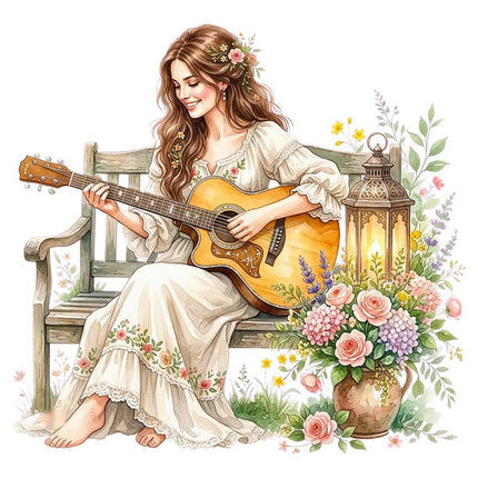 Woman Playing Guitar 100% Cotton Fabric Panel Block Quilt Square FLIP-AAB3168