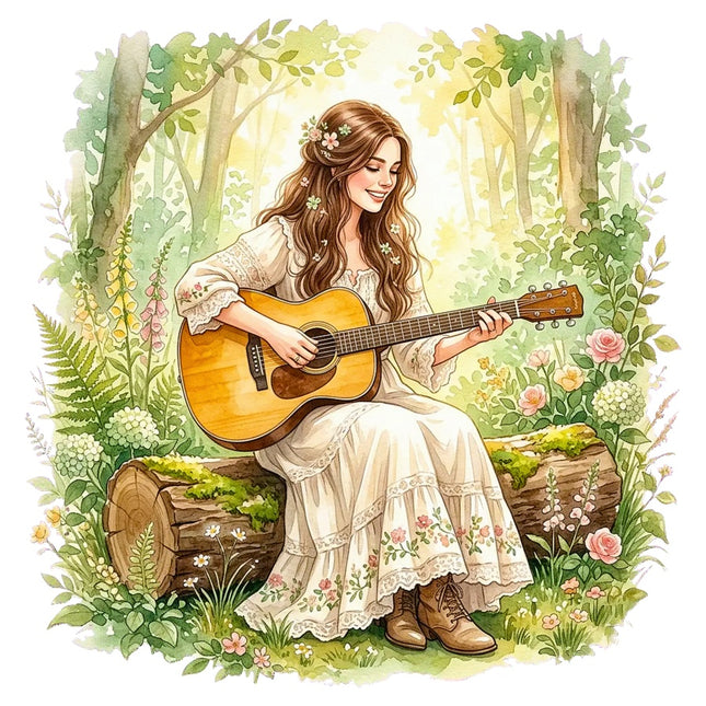 Woman Playing Guitar 100% Cotton Fabric Panel Block Quilt Square AAB3169