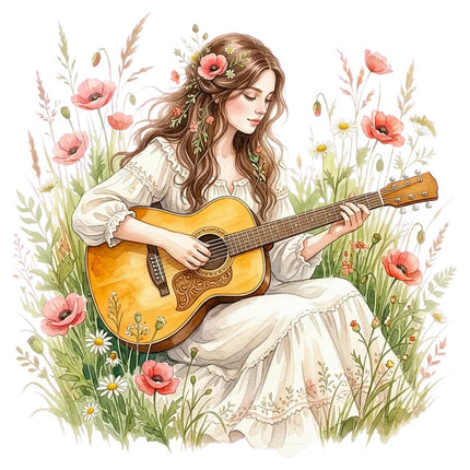 Woman Playing Guitar 100% Cotton Fabric Panel Block Quilt Square AAB3170