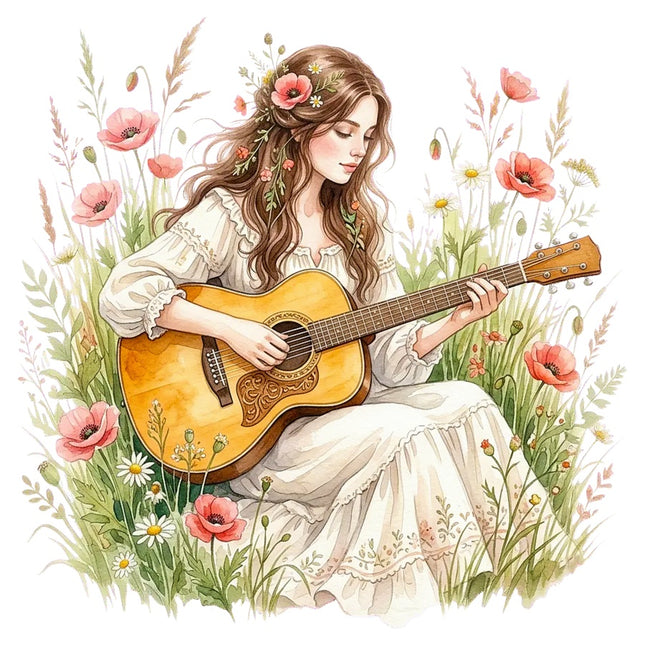 Woman Playing Guitar 100% Cotton Fabric Panel Block Quilt Square AAB3170