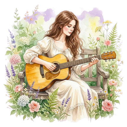 Woman Playing Guitar 100% Cotton Fabric Panel Block Quilt Square AAB3171