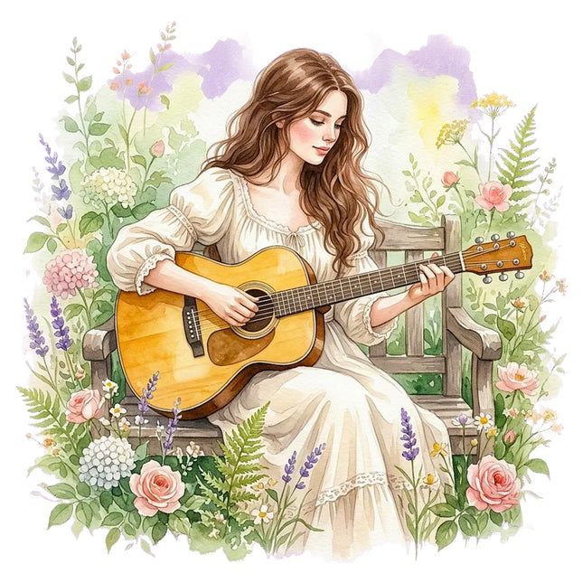 Woman Playing Guitar 100% Cotton Fabric Panel Block Quilt Square AAB3171