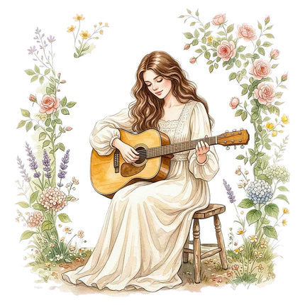 Woman Playing Guitar 100% Cotton Fabric Panel Block Quilt Square AAB3172