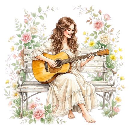 Woman Playing Guitar 100% Cotton Fabric Panel Block Quilt Square AAB3174
