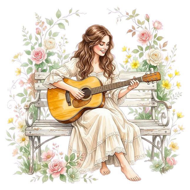 Woman Playing Guitar 100% Cotton Fabric Panel Block Quilt Square AAB3174