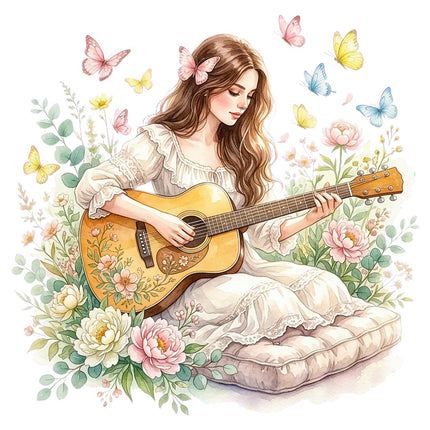 Woman Playing Guitar 100% Cotton Fabric Panel Block Quilt Square AAB3175