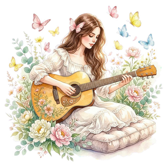 Woman Playing Guitar 100% Cotton Fabric Panel Block Quilt Square AAB3175