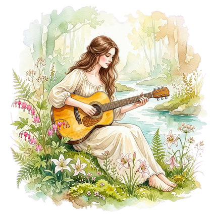 Woman Playing Guitar 100% Cotton Fabric Panel Block Quilt Square AAB3177