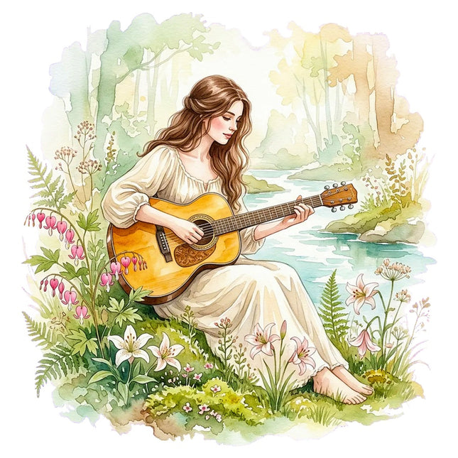 Woman Playing Guitar 100% Cotton Fabric Panel Block Quilt Square AAB3177