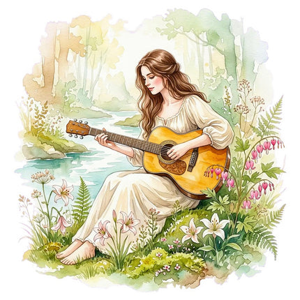 Woman Playing Guitar 100% Cotton Fabric Panel Block Quilt Square FLIP-AAB3177
