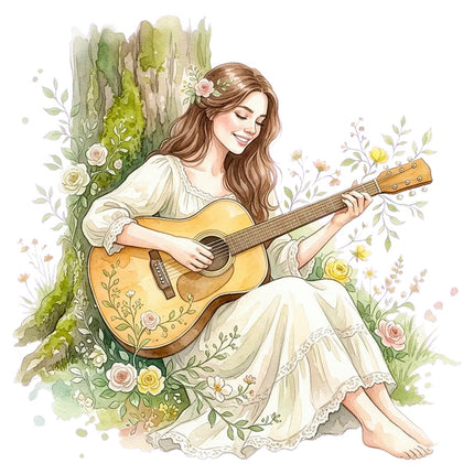Woman Playing Guitar 100% Cotton Fabric Panel Block Quilt Square AAB3178