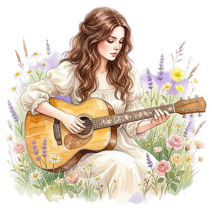 Woman Playing Guitar 100% Cotton Fabric Panel Block Quilt Square AAB3179