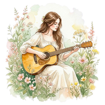 Woman Playing Guitar 100% Cotton Fabric Panel Block Quilt Square AAB3180