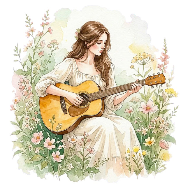 Woman Playing Guitar 100% Cotton Fabric Panel Block Quilt Square AAB3180