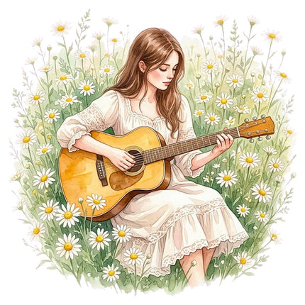 Woman Playing Guitar 100% Cotton Fabric Panel Block Quilt Square AAB3181