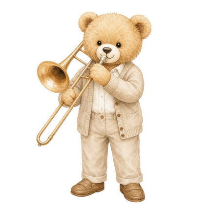 Trombone Teddy Bear 100% Cotton Fabric Panel Block FLIP-AAB318