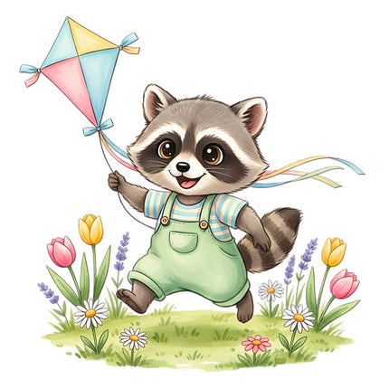 Raccoon with Kite 100% Cotton Fabric Panel Block Quilt Square AAB324