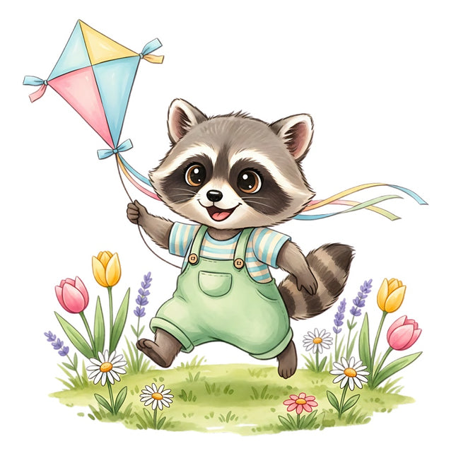 Raccoon with Kite 100% Cotton Fabric Panel Block Quilt Square AAB324