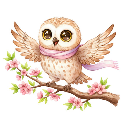 Cherry Blossom Owl 100% Cotton Fabric Panel Block Quilt Square AAB327