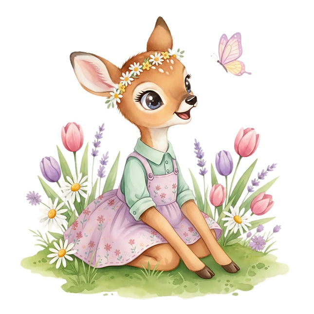 Floral Spring Girl Deer 100% Cotton Fabric Panel Block Quilt Square AAB331