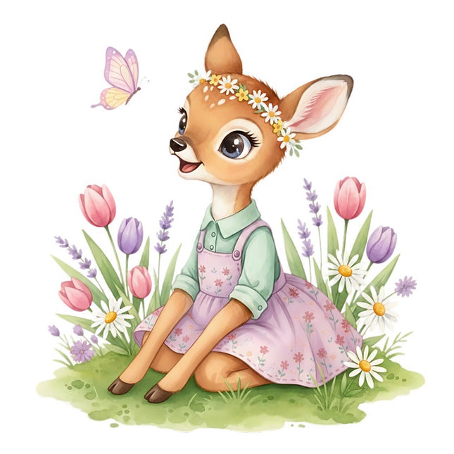 Floral Spring Girl Deer 100% Cotton Fabric Panel Block FLIP-AAB331