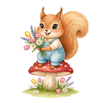 Squirrel on Mushroom 100% Cotton Fabric Panel Block Quilt Square AAB332