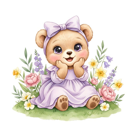 Floral Girl Bear 100% Cotton Fabric Panel Block Quilt Square AAB334