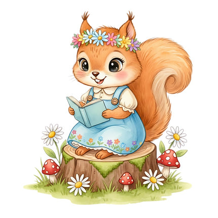 Reading Girl Squirrel 100% Cotton Fabric Panel Block Quilt Square AAB336