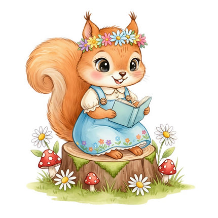 Reading Girl Squirrel 100% Cotton Fabric Panel Block Quilt Square FLIP-AAB336